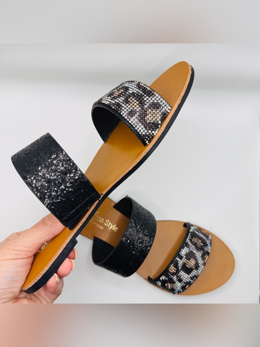 Women’s Black & Leopard Print Shimmer Double-Strap Slide Sandals - Size 6 - Picture 6 of 7